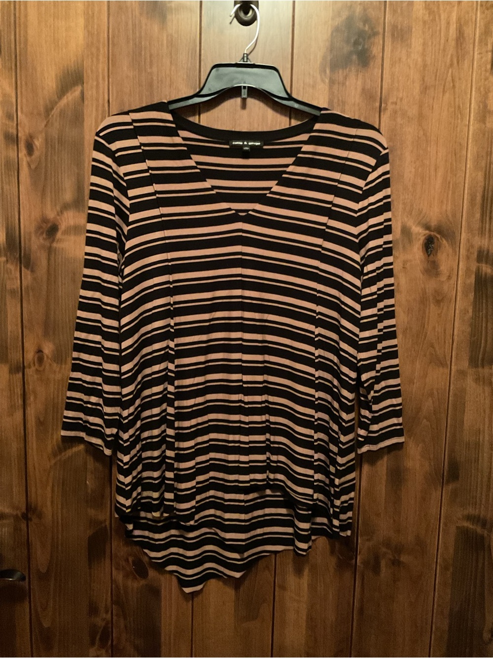 Cable & Gauge Black and Beige Striped V-Neck Top